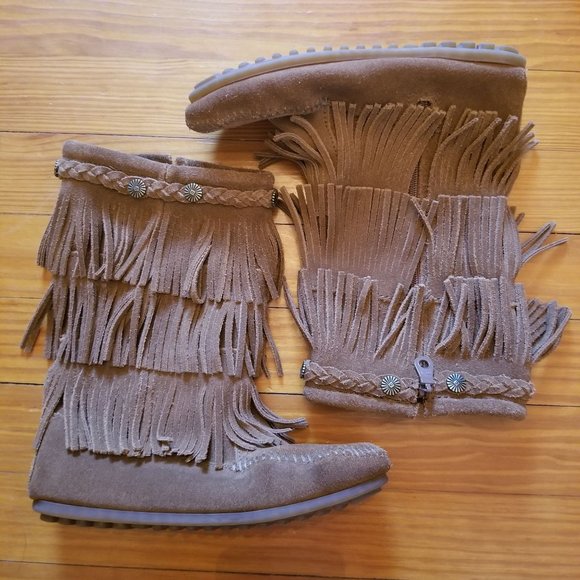 Minnetonka Youth 3 Brown Boots Leather‎ 3 Layer Fringe Southwestern Cosplay - Picture 2 of 9